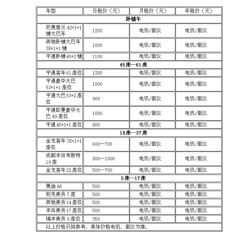 鄭州中巴租車價格表2019年
